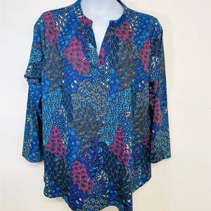 Womans Top Tunic 3X  Colorful Blue Print Jersey Knit Long Sleeve  V Neck Boho